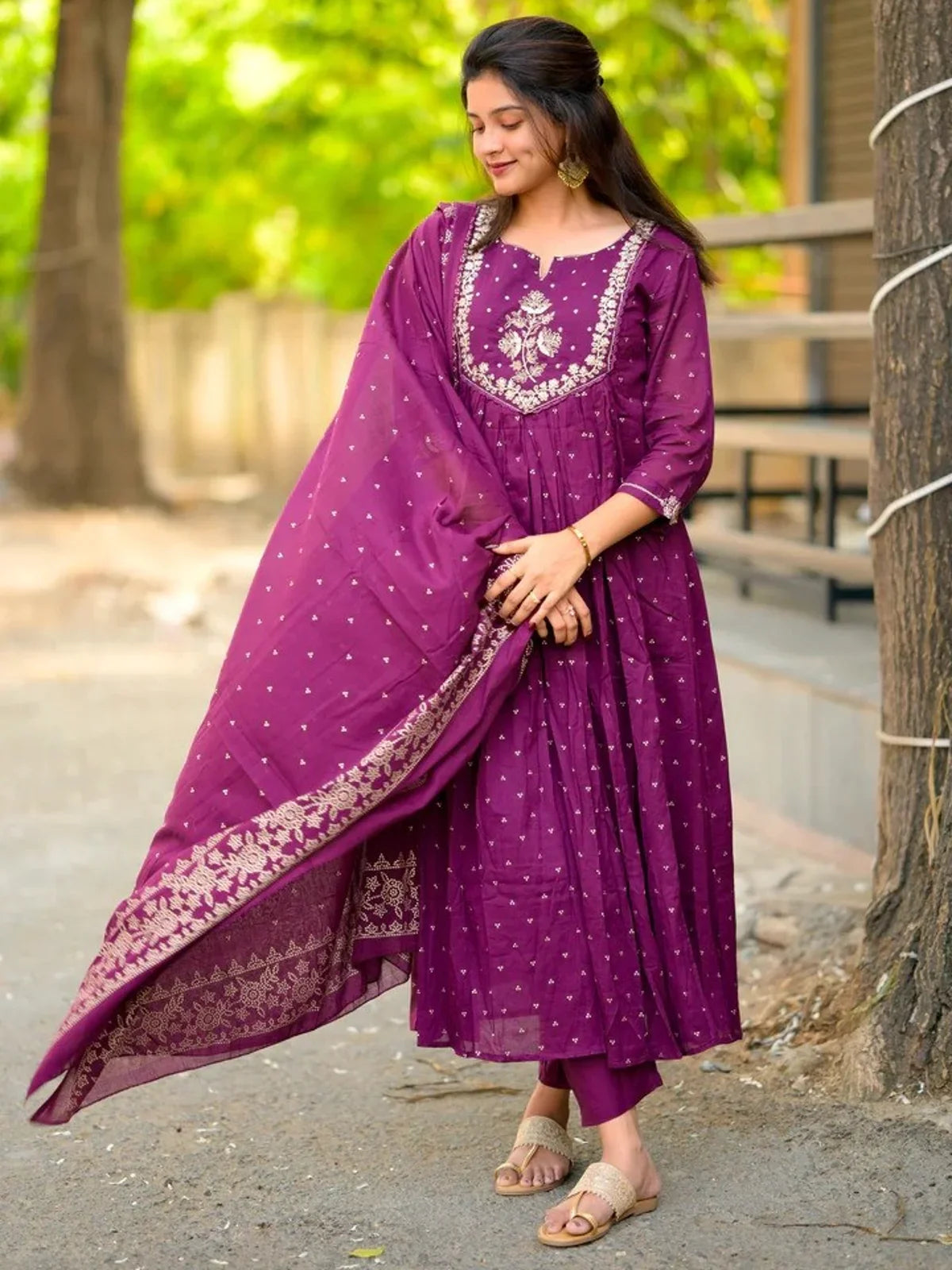 Front view of Tarani purple embroidered cotton dress with elegant dupatta styling