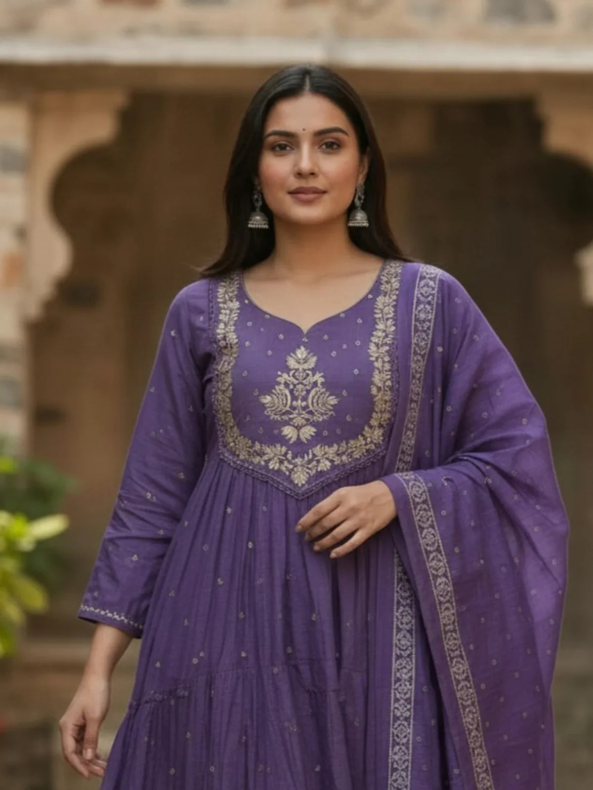 Tarani purple cotton embroidered kurti closeup with matching dupatta and earrings