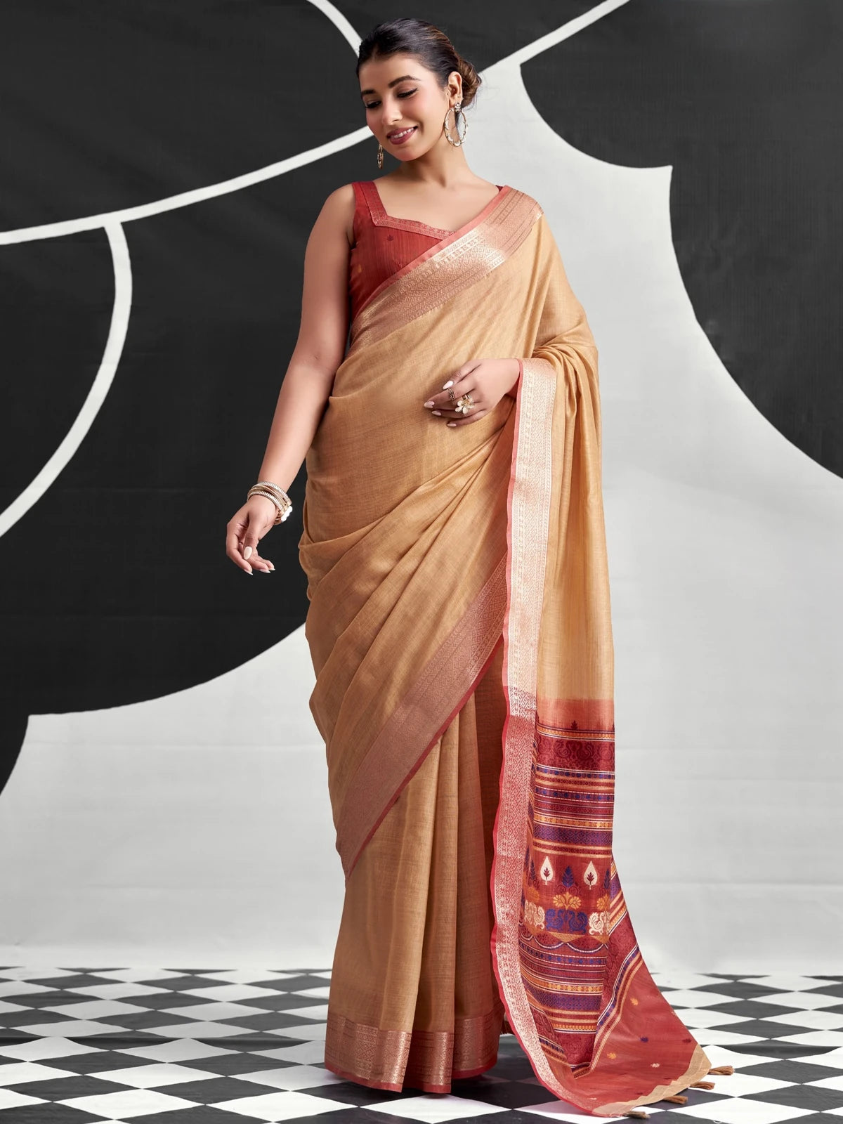 Tarani beige cotton modal saree full view with woven contrast pallu and matching blouse
