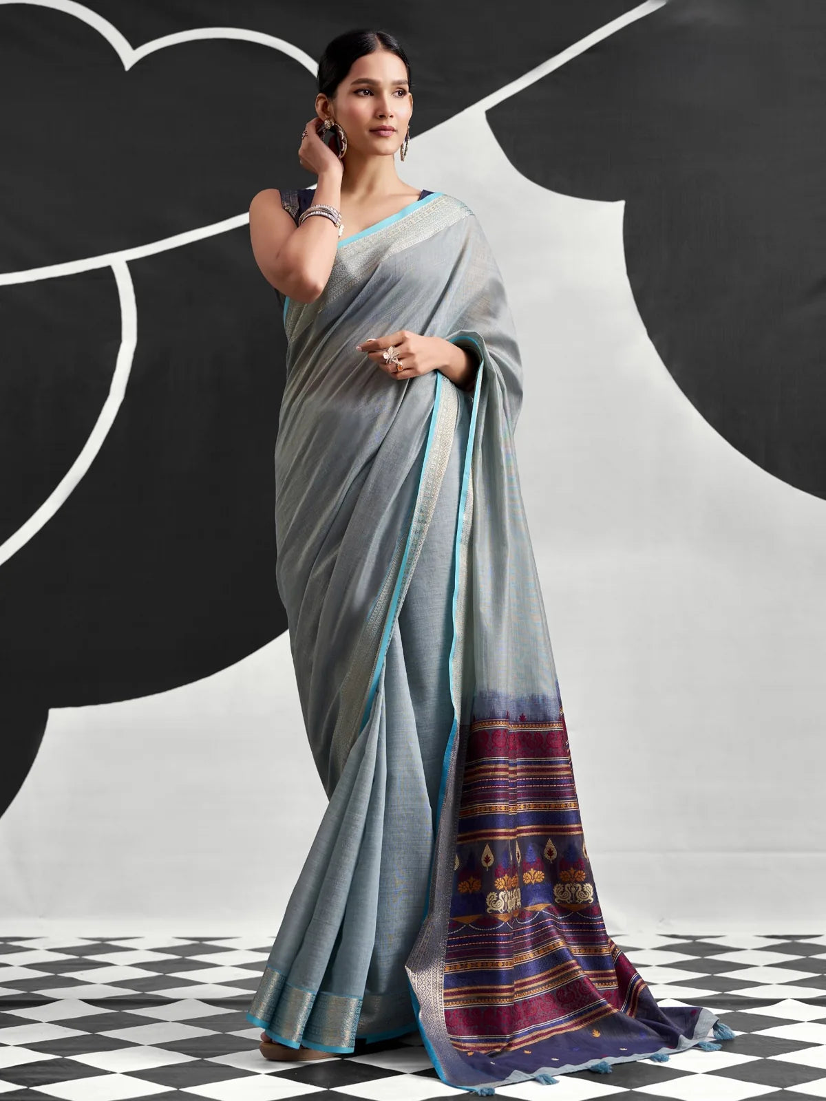 Tarani grey cotton modal saree with contrasting woven multicolor pallu full-view
