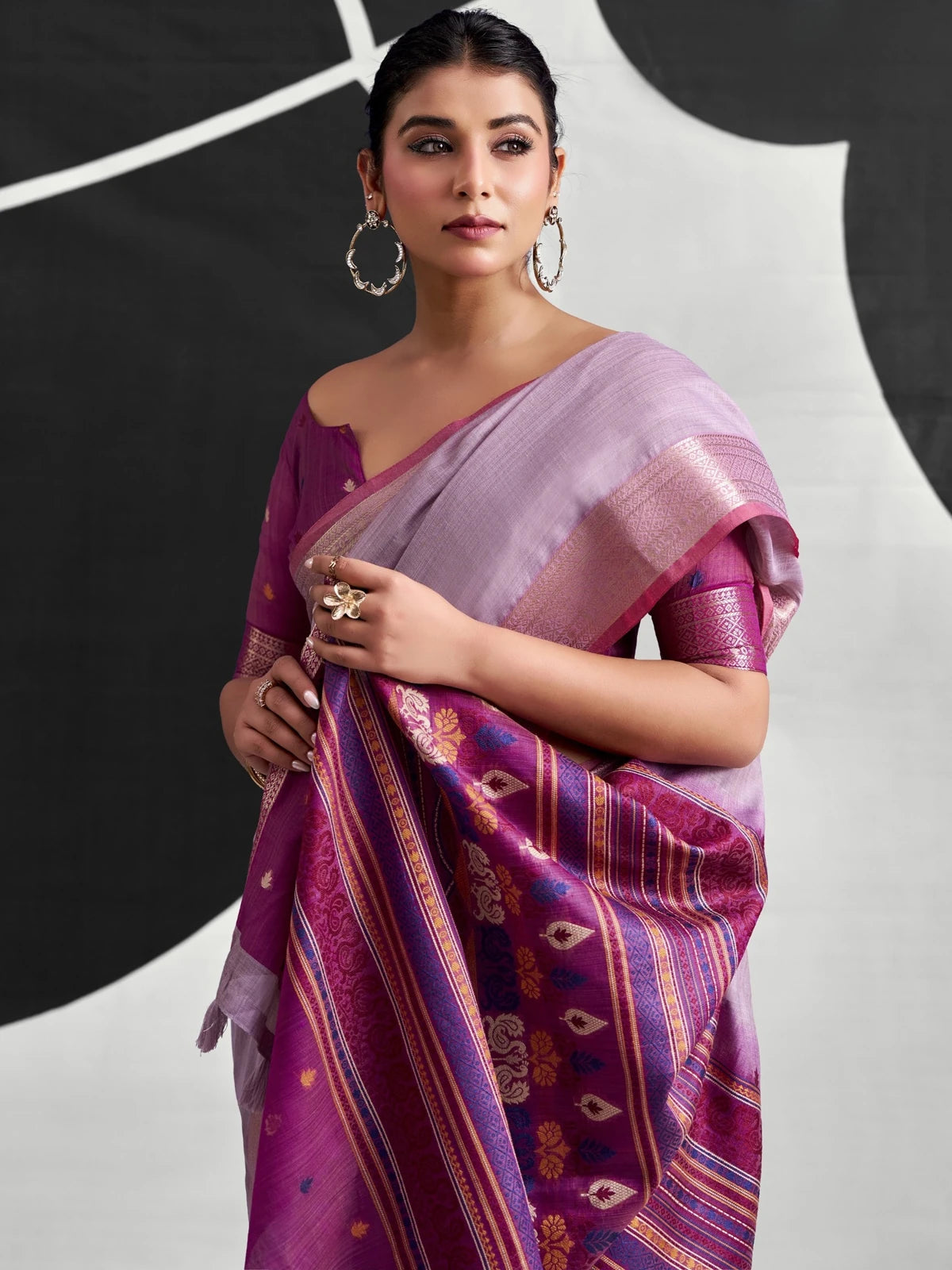Tarani lavender cotton modal saree pallu view showing multicolor woven detailing and border