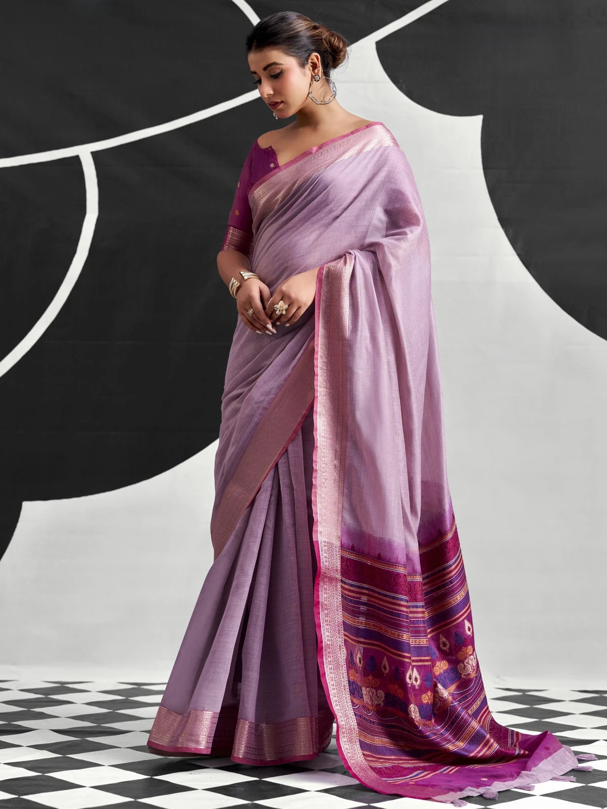 Tarani lavender cotton modal saree side view highlighting elegant drape and printed pallu