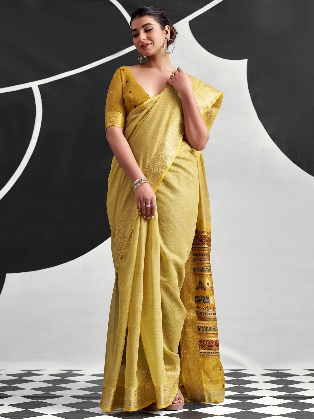 Tarani mustard cotton modal saree front-view with woven border and contrasting printed pallu