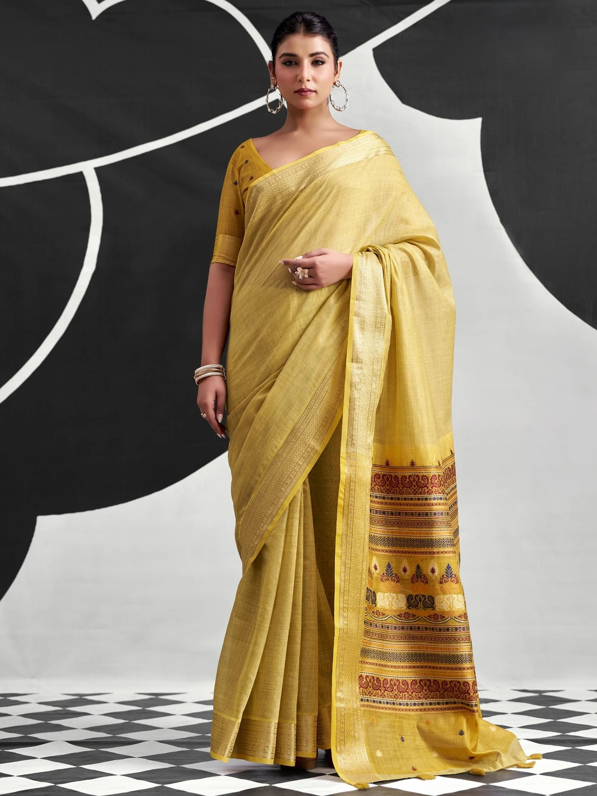 Tarani mustard cotton modal saree full-view with woven border and contrasting printed pallu