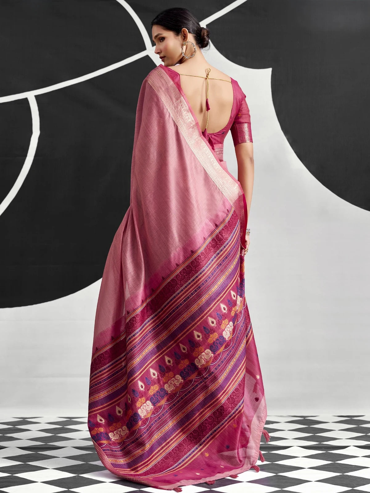Tarani pink cotton modal saree back view showing full pallu design