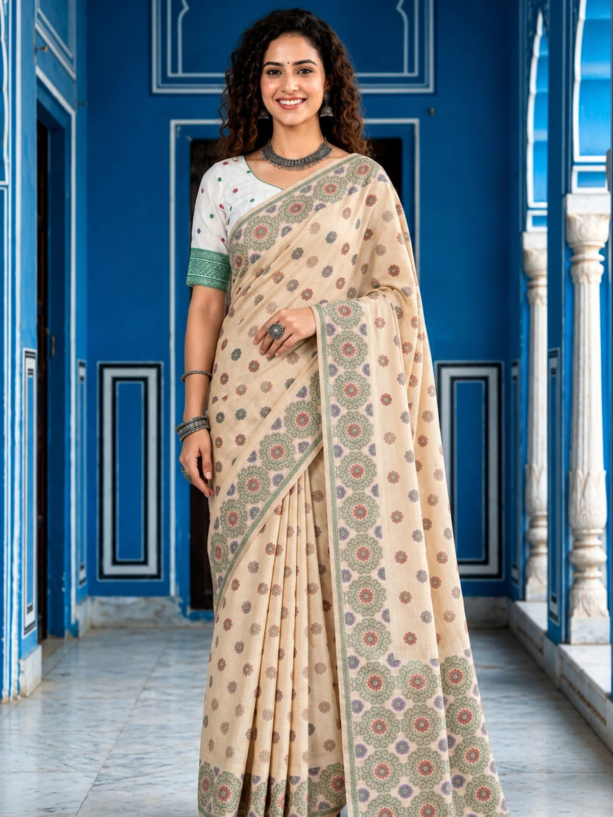 Tarani beige printed cotton saree full-view with floral border and blouse Deepshri