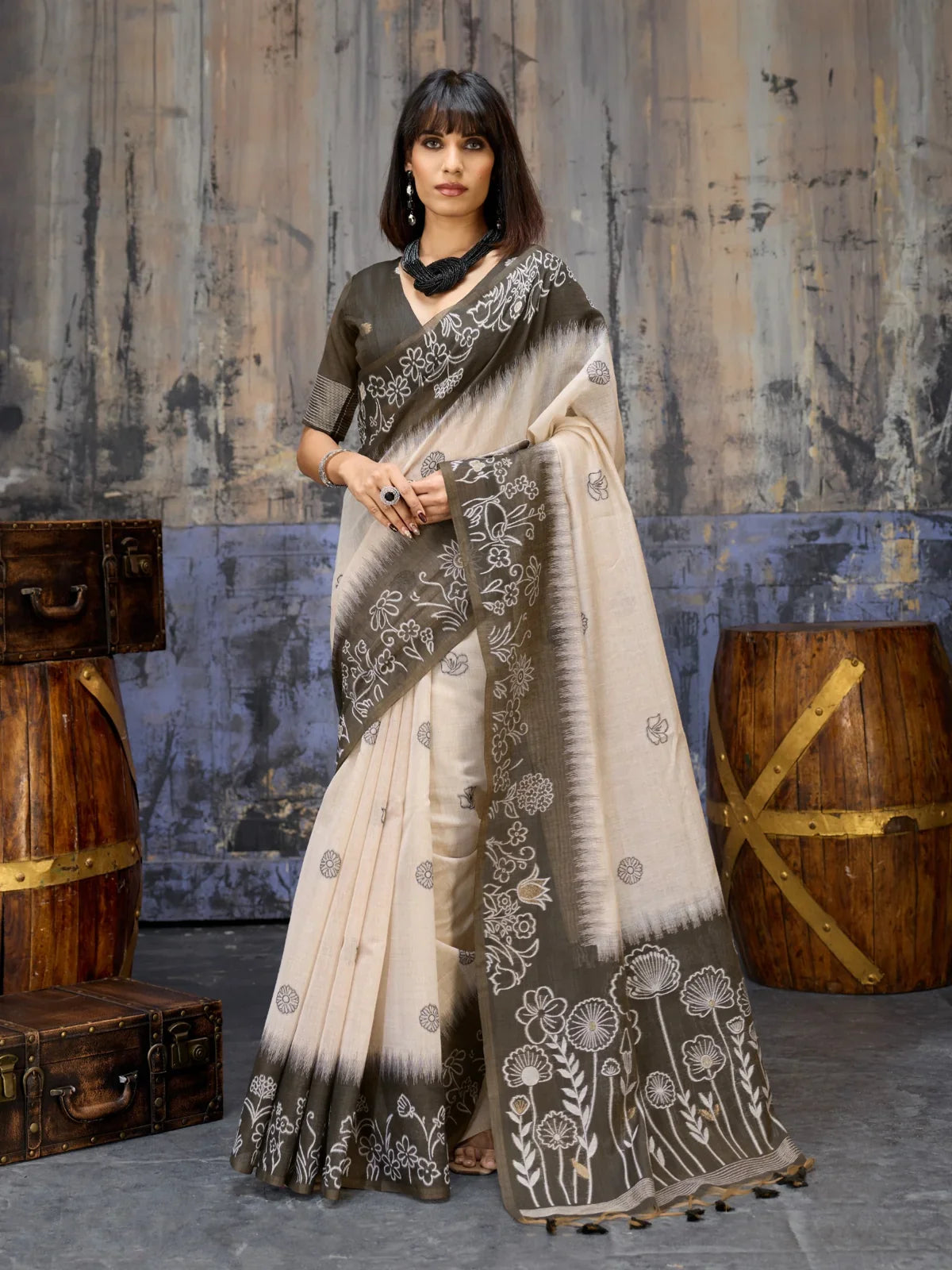 Tarani beige cotton handloom saree full view with floral weaving and elegant drape