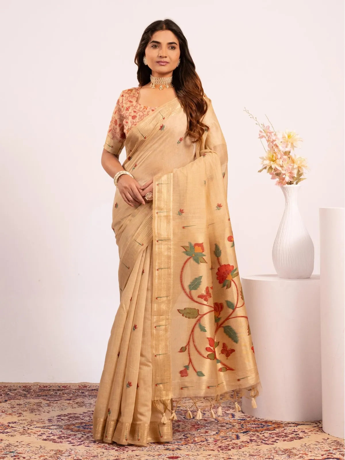 Tarani beige cotton paithani saree full view with muniya zari border and resham pallu