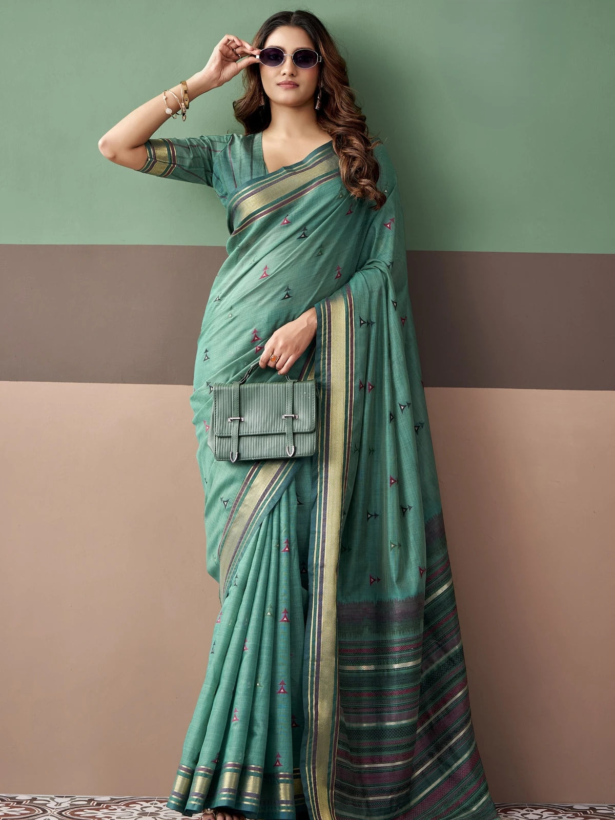 Tarani Vedanti front view premium green cotton saree