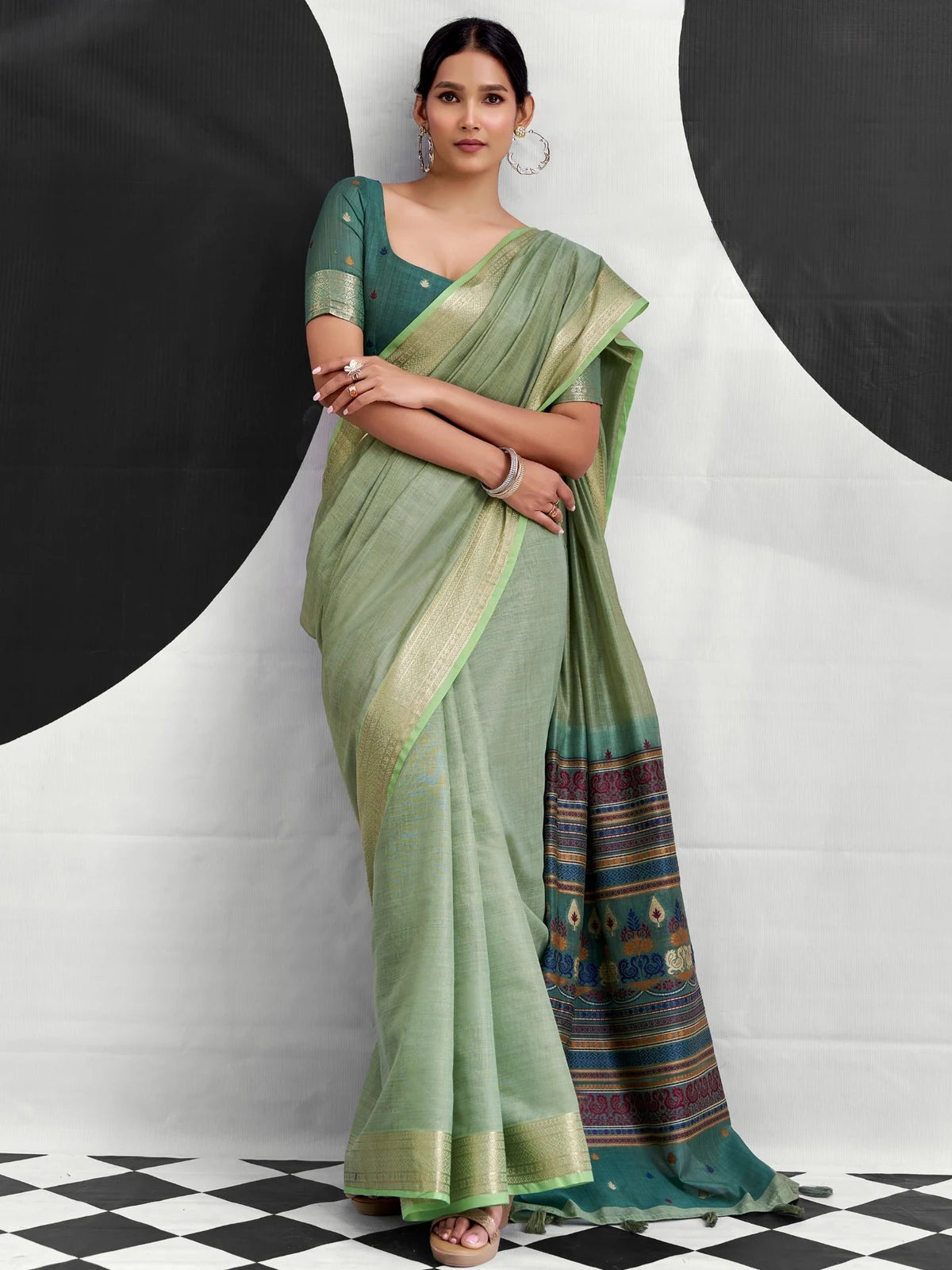 Tarani green Cotton Modal saree full front view with woven border and contrasting printed pallu