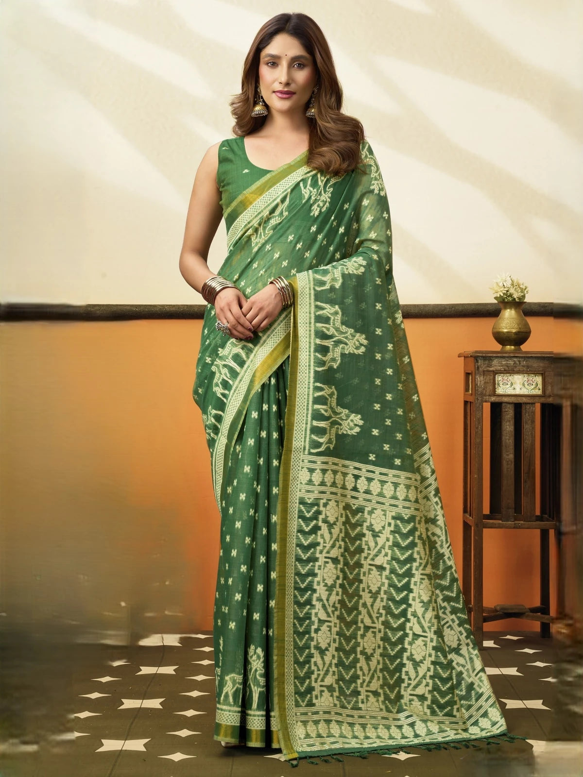 Tarani premium green cotton saree with jhallar full view for festive and party wear