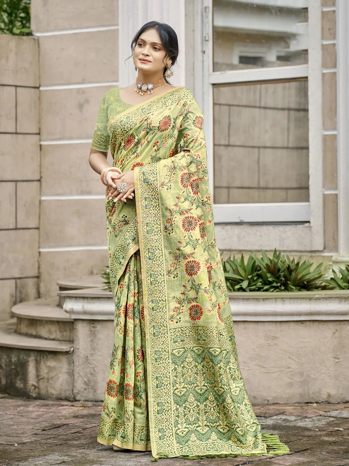 Tarani green cotton silk saree with meenakari work shown in full view for festive occasions