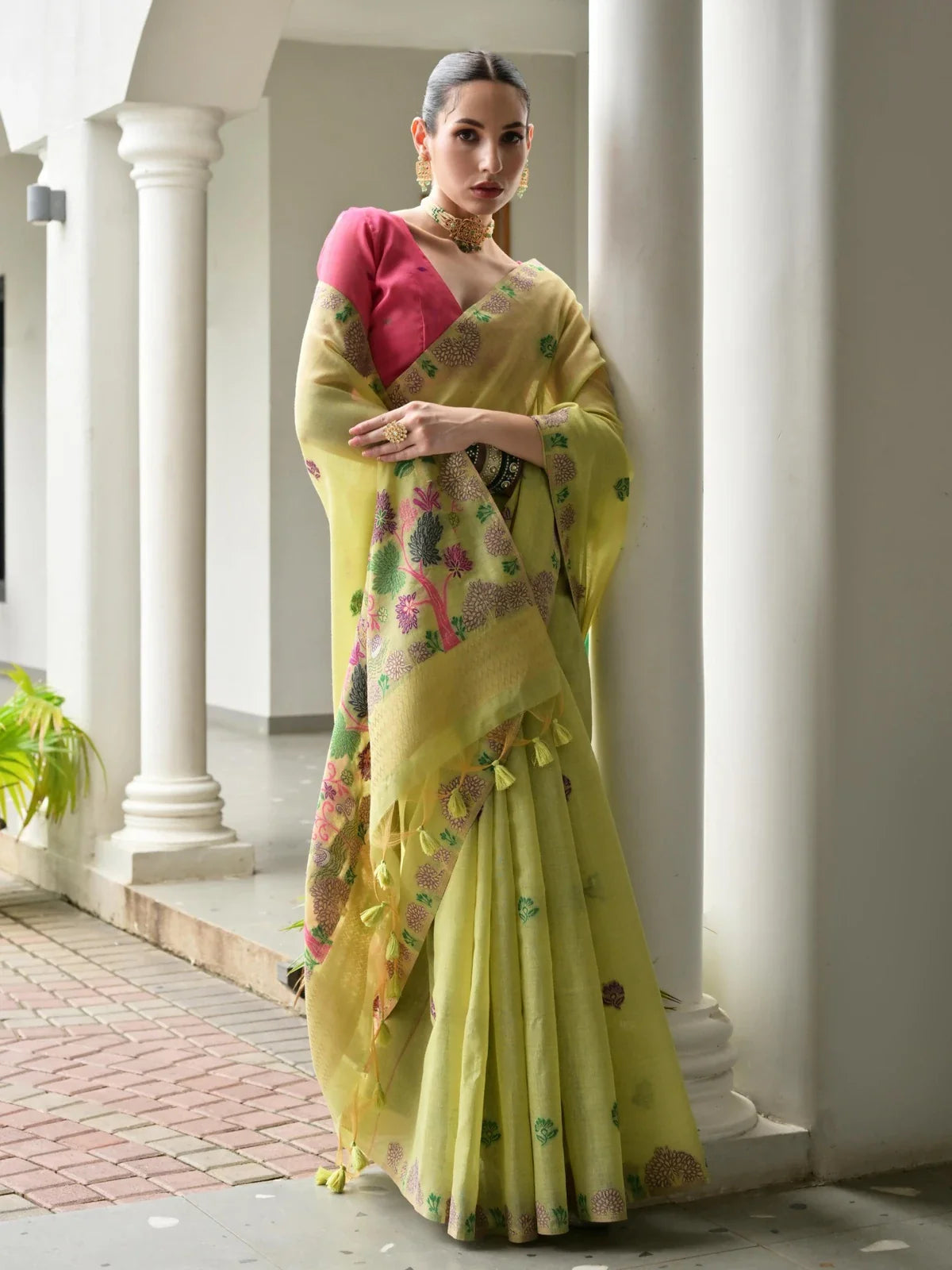 Tarani premium pink chanderi cotton saree full view with embroidered border and cotton blouse
