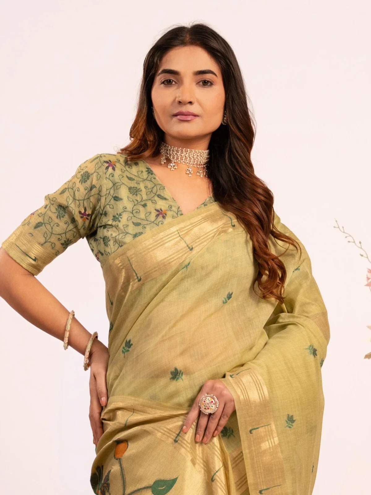 Tarani cotton green paithani saree upper body view with embroidered blouse