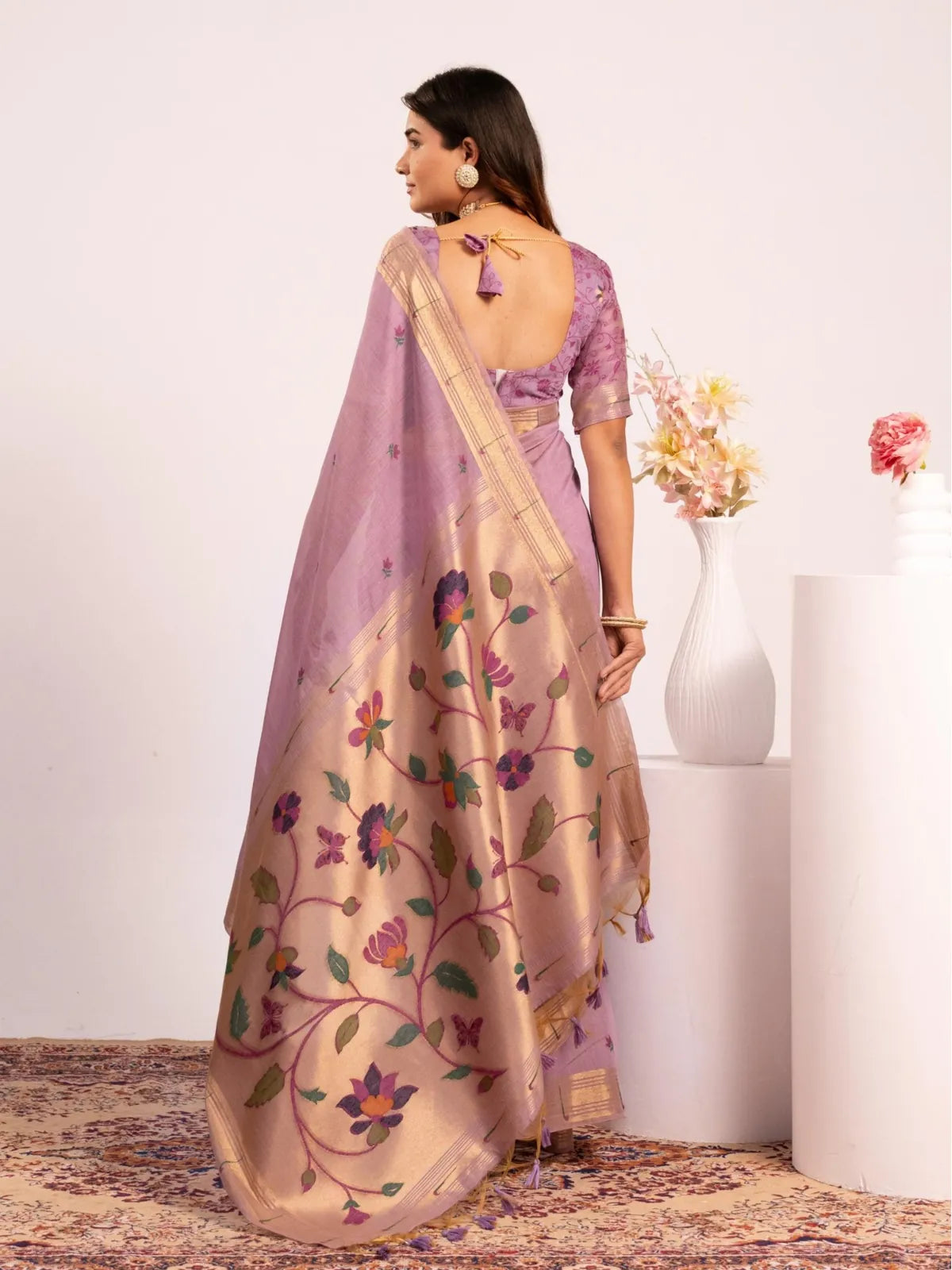 Tarani lavender cotton paithani saree back view with traditional pallu fall and elegant blouse tie