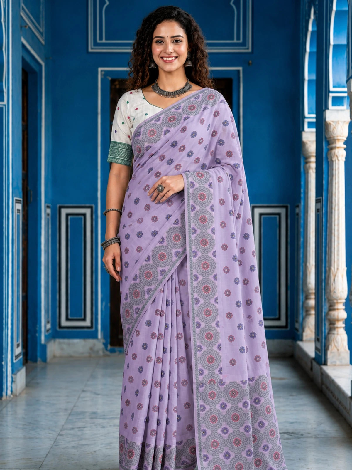 Tarani lavender printed cotton saree full front view with blouse piece