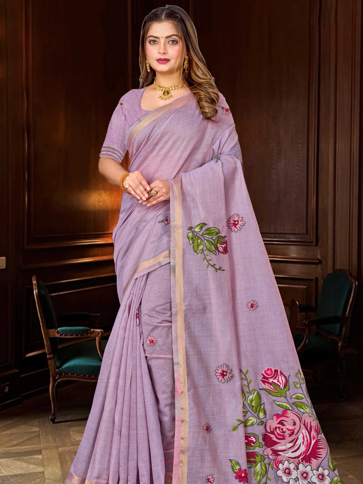 Tarani lavender cotton blend handloom weaving zari border saree full front view with floral pallu