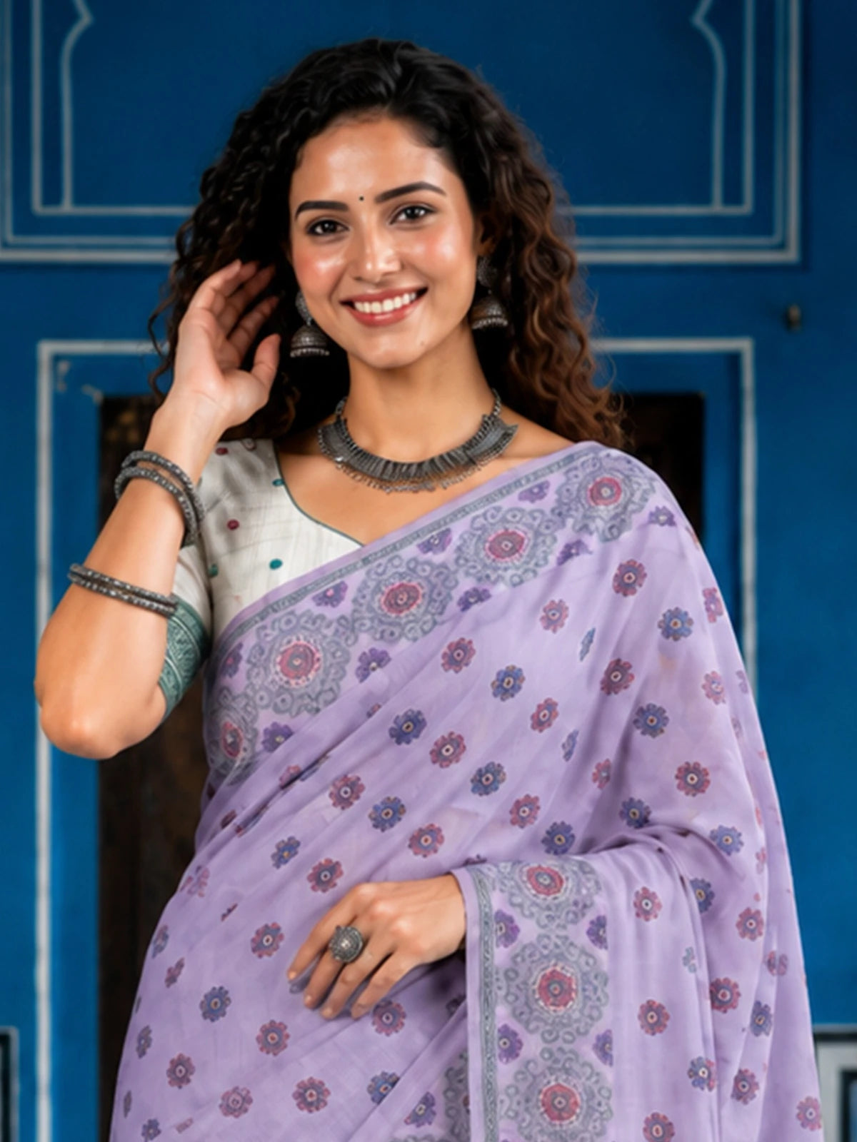 Tarani lavender printed cotton saree upper-body-view