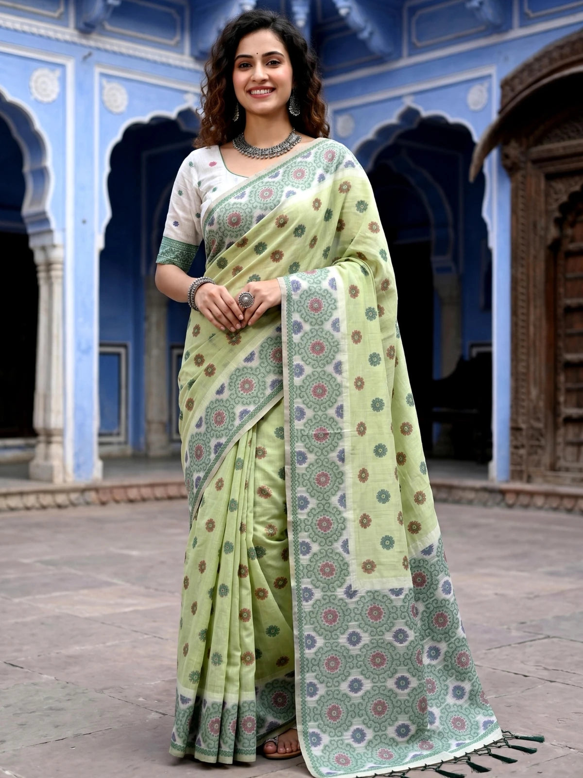Tarani light green cotton printed saree with blouse piece full view Gopika