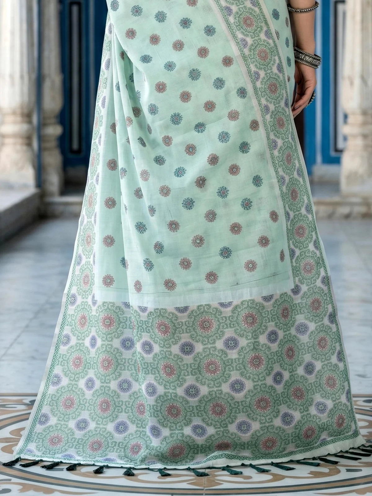 Tarani mint green printed cotton saree pallu view with blouse piece