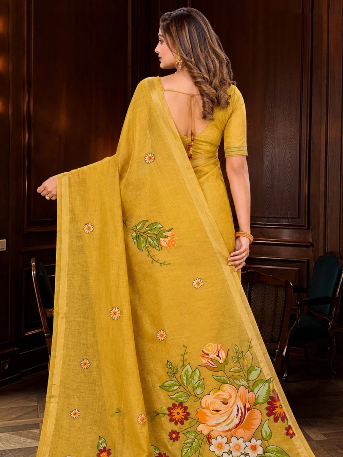 Tarani mustard cotton blend handloom zari border saree back view