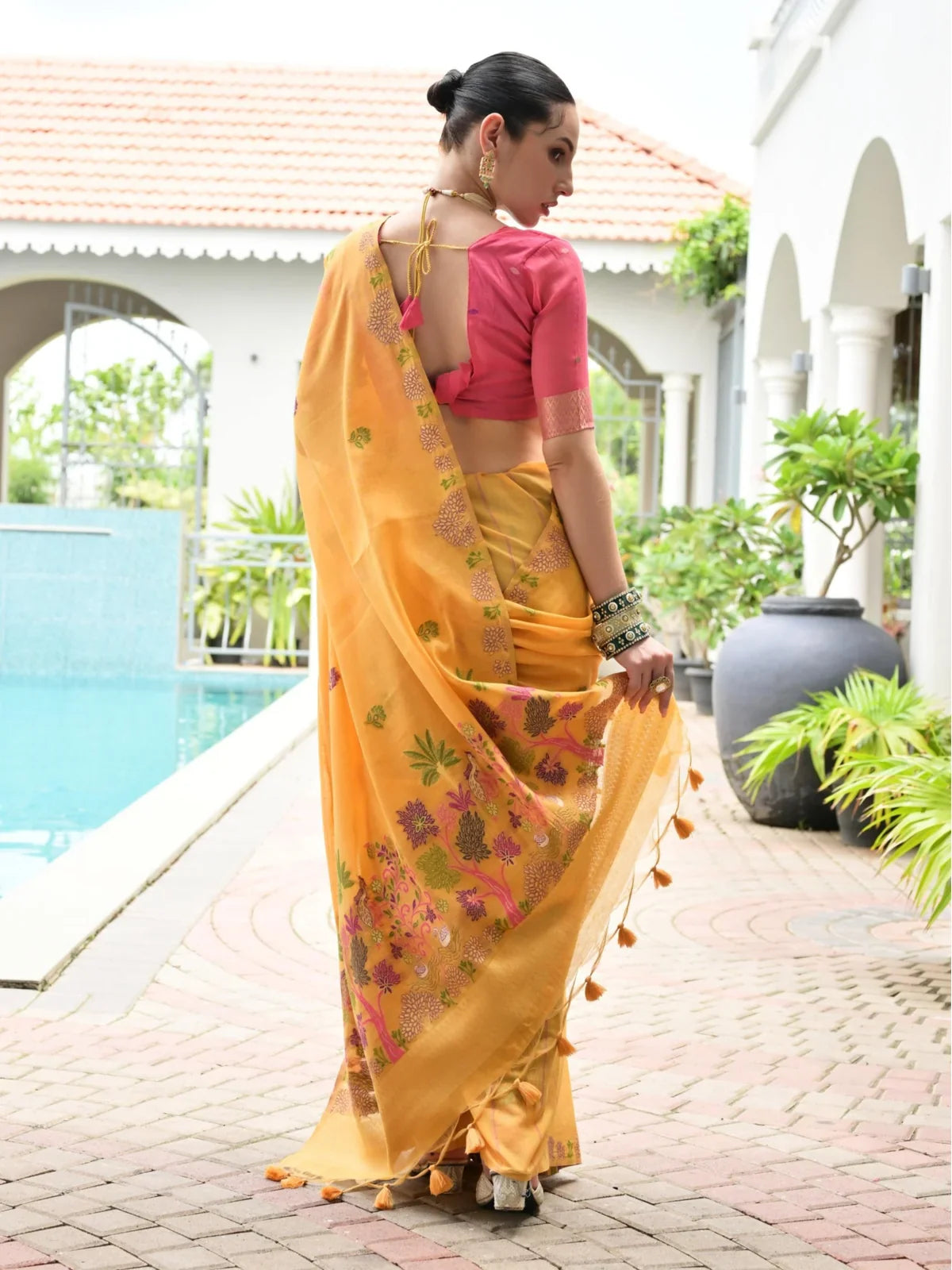 Tarani priyamvaditika Mustard Cotton saree drape detail view for festive party and wedding wear