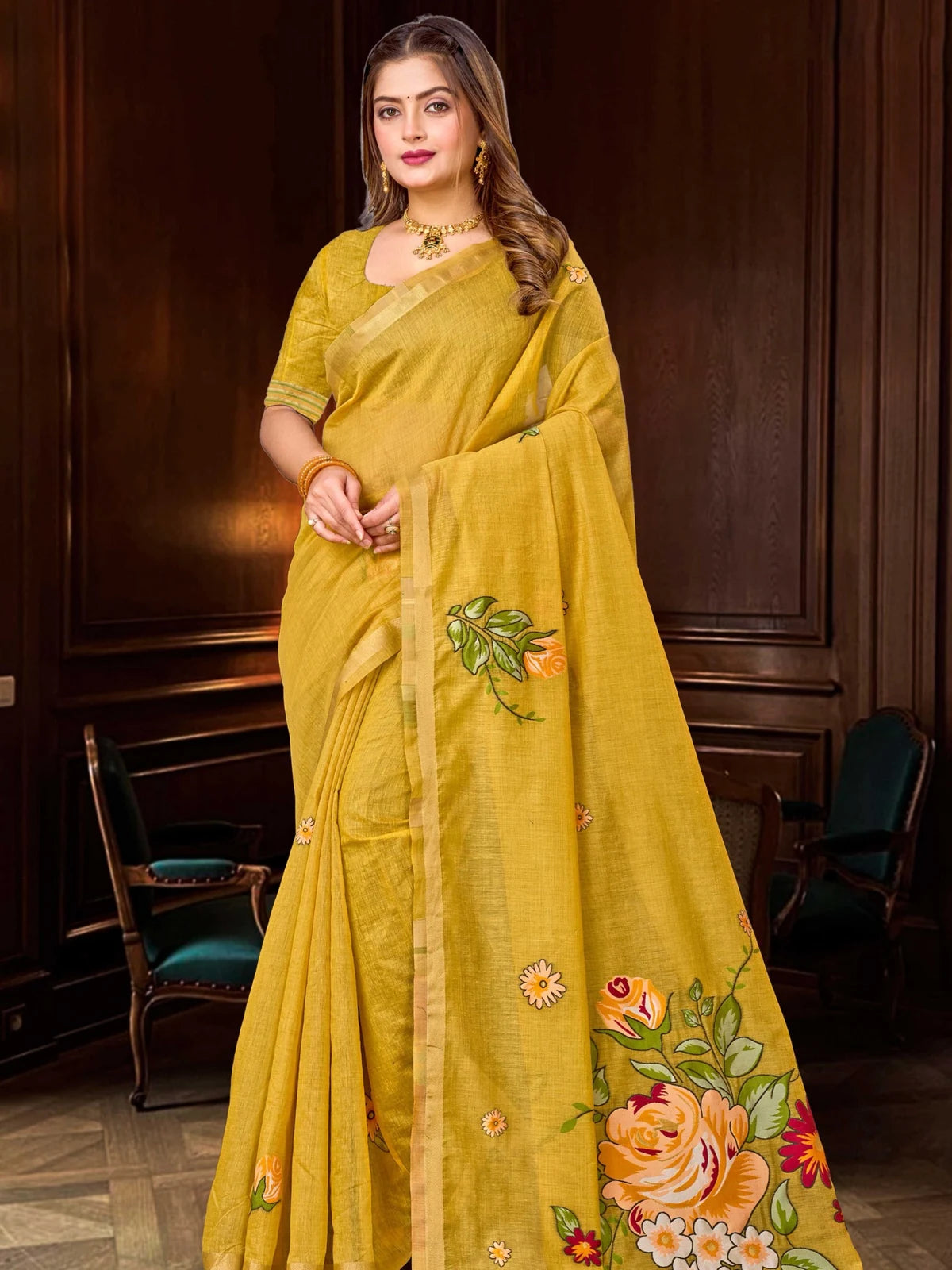 Tarani mustard cotton blend handloom zari border saree full view