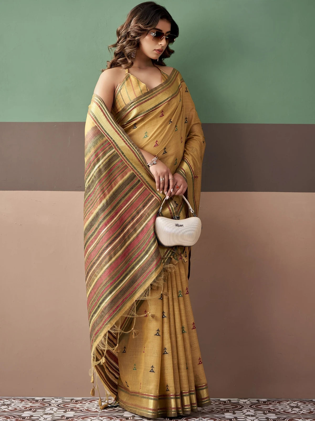 Tarani premium mustard cotton weaving saree pallu-view