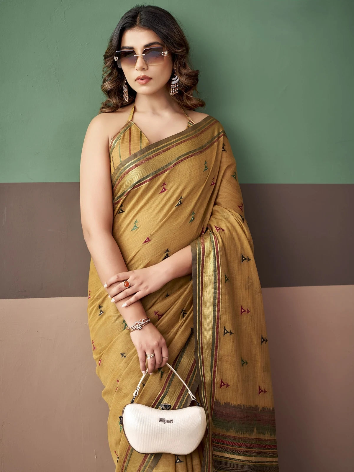 Tarani premium mustard cotton weaving saree upper-body-view