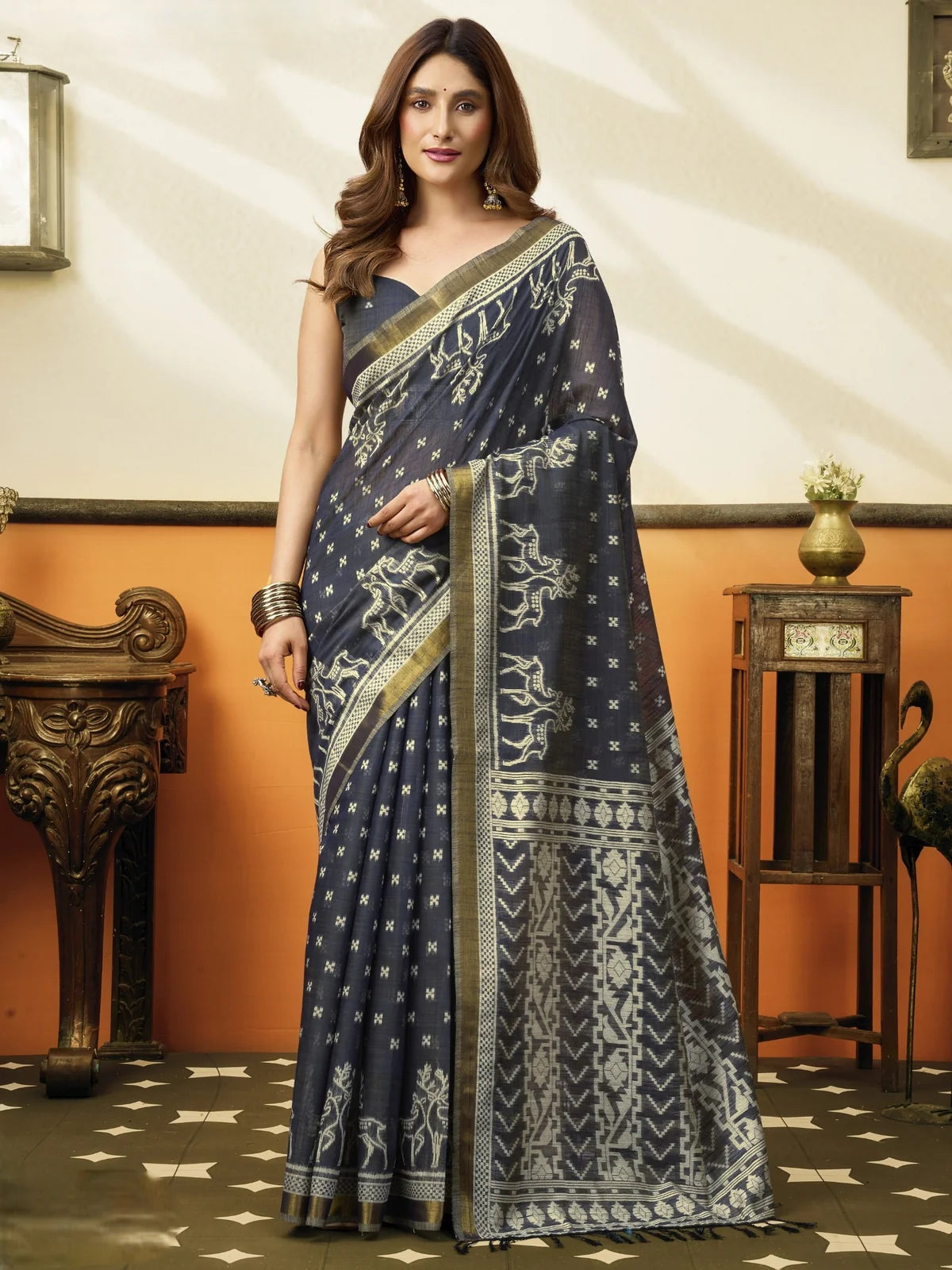 Tarani premium navy blue cotton saree with woven motifs and jhallar full view for party and festive wear
