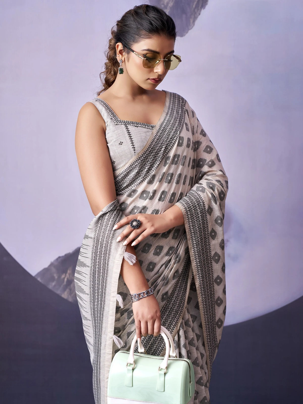 Tarani off white fancy premium cotton saree upper-body-view with woven grey motifs Namita