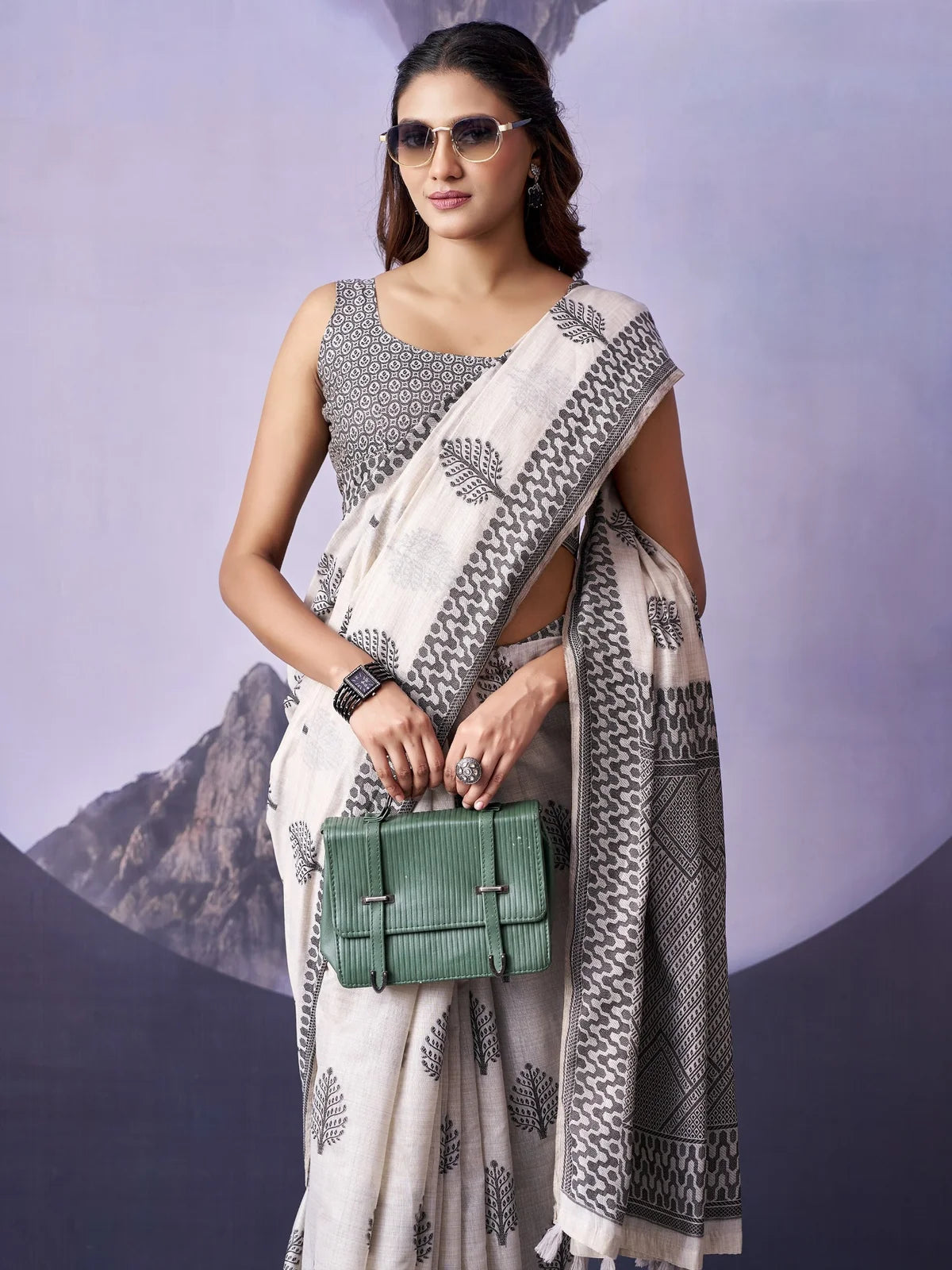 Tarani fancy premium cotton off white saree with grey print upper-body-view TRN-111707B Vasudha
