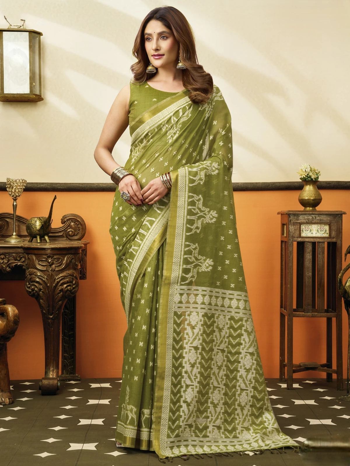 Tarani premium olive green cotton saree with woven border full view