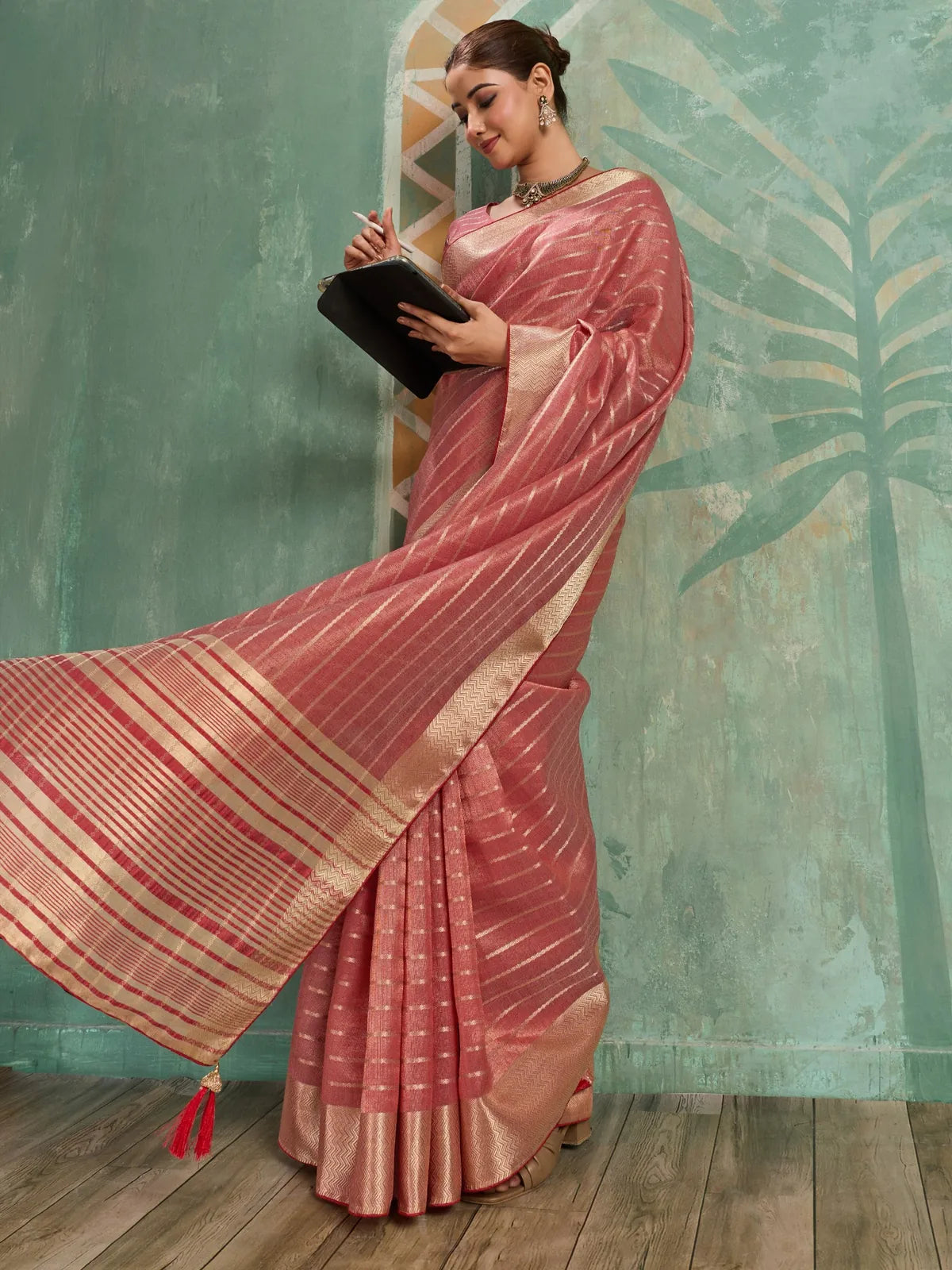 Tarani pink cotton tissue saree with zari woven work pallu-view Veenika