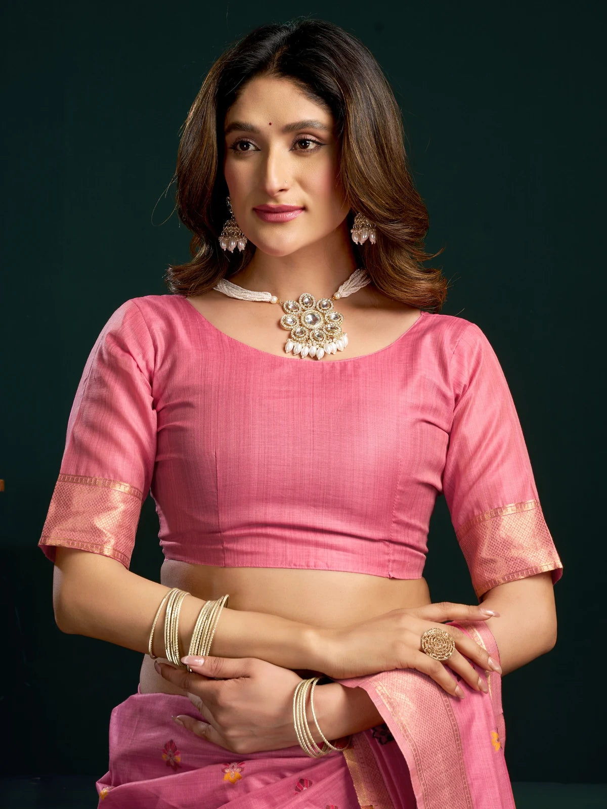 Tarani Latika pink Munga Cotton Mina Work saree upper body view with zari blouse and elegant styling