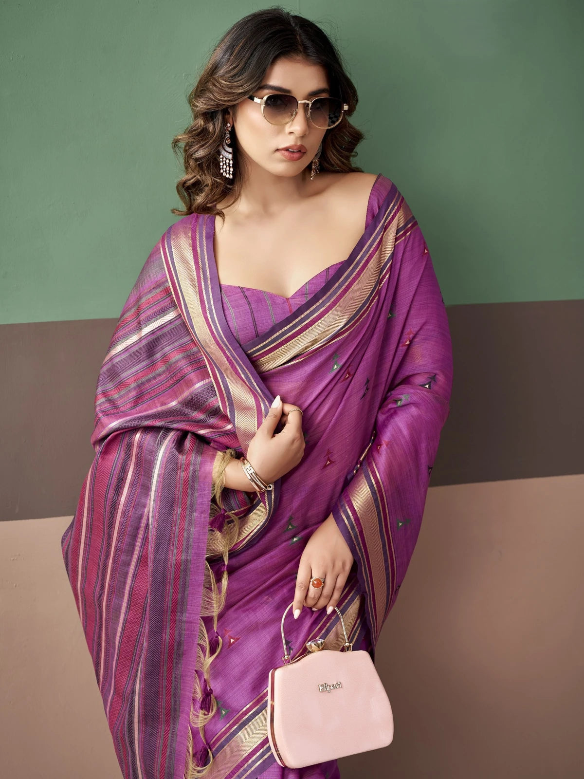 Tarani premium purple cotton weaving saree closeup view with woven border and blouse