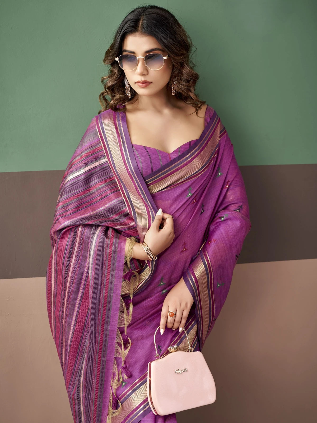 Tarani premium purple cotton weaving saree upper body view with woven border and blouse