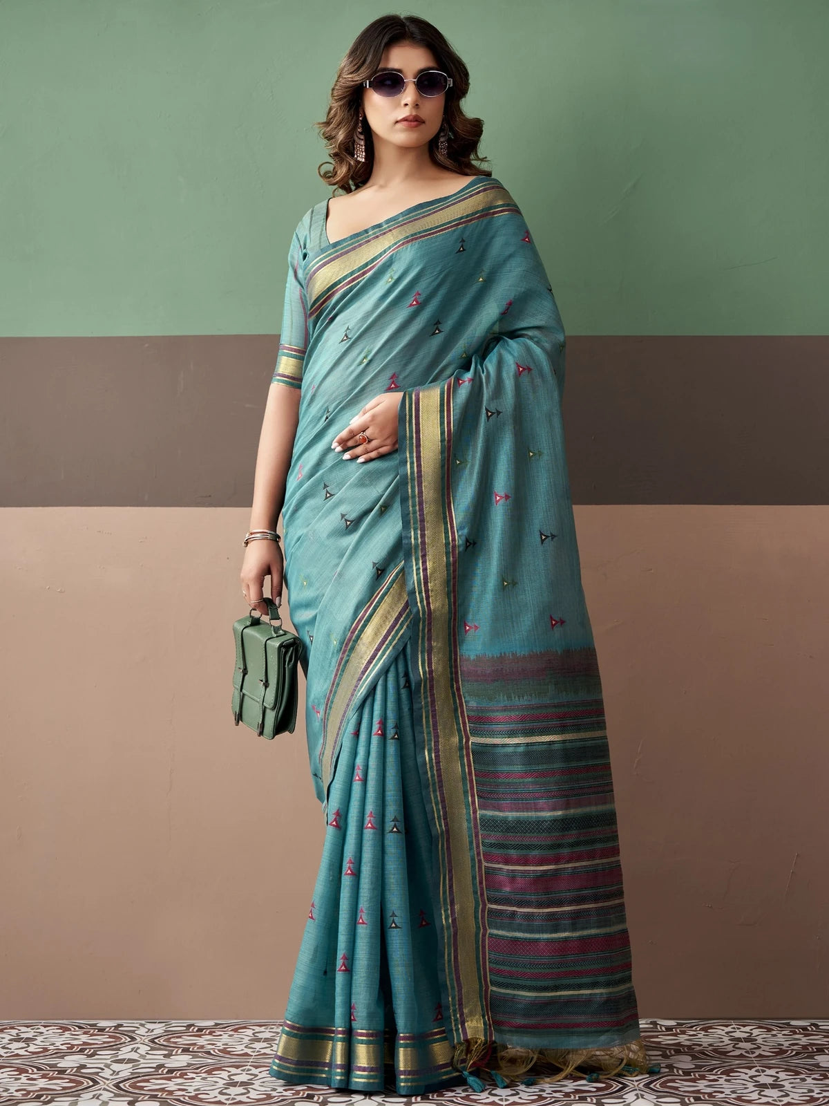 Tarani premium teal cotton weaving saree full view with woven border and blouse piece