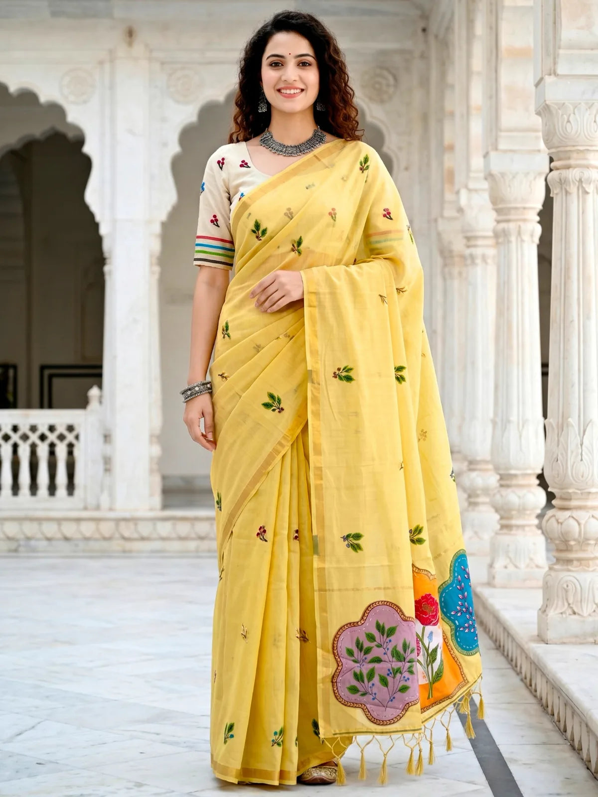 Tarani yellow cotton saree with woven floral work full-view Ramya