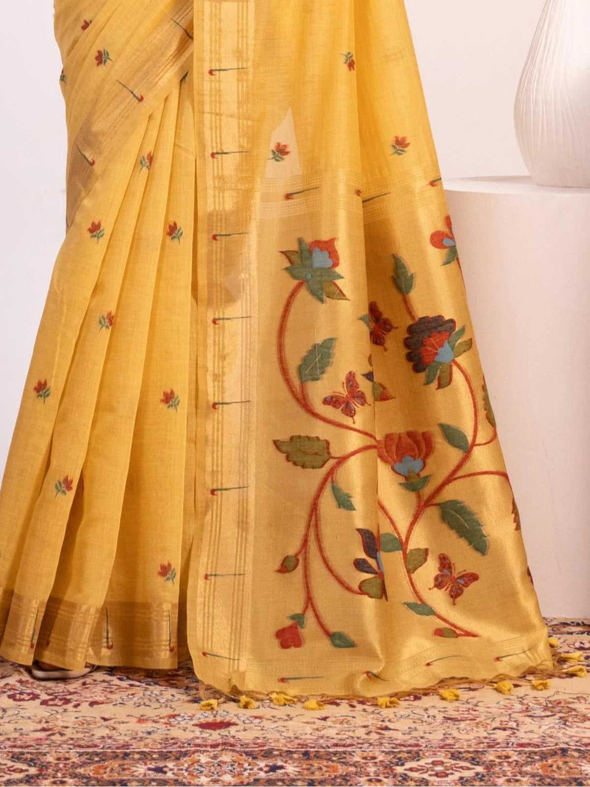 Tarani soft moga cotton saree pallu view with rich paithani floral design and tassels