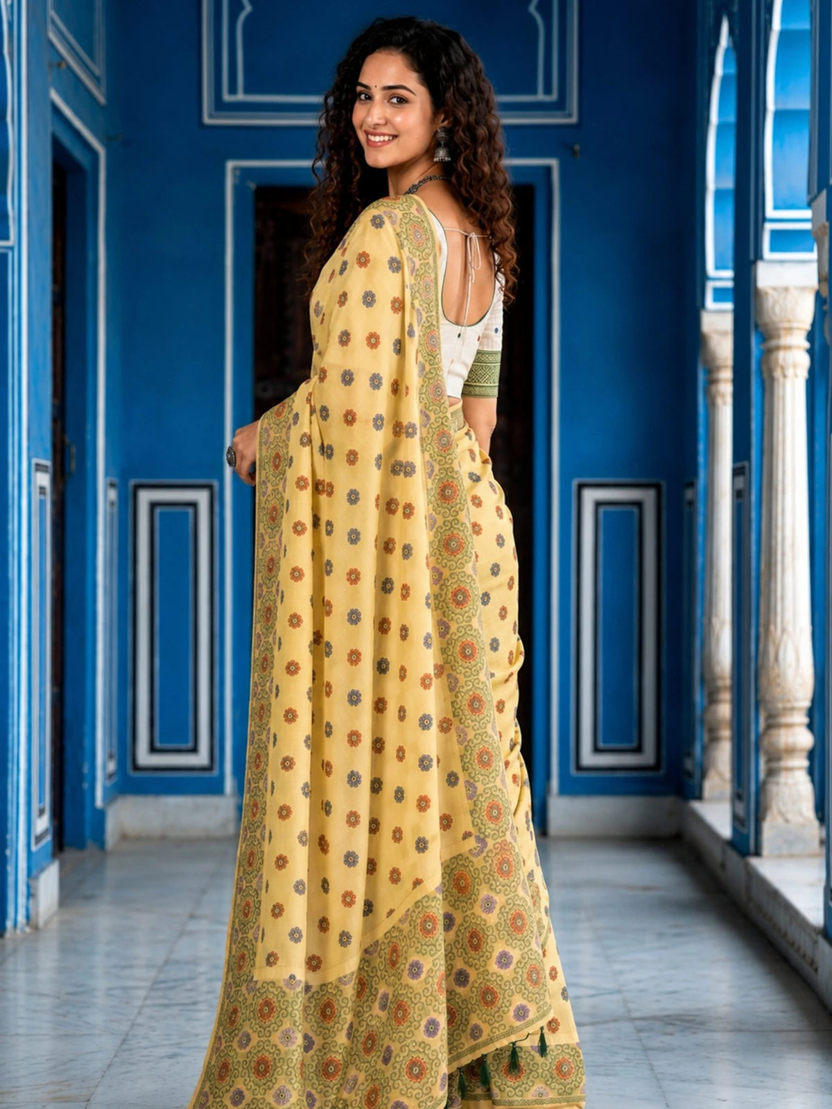 Tarani yellow cotton printed saree side view