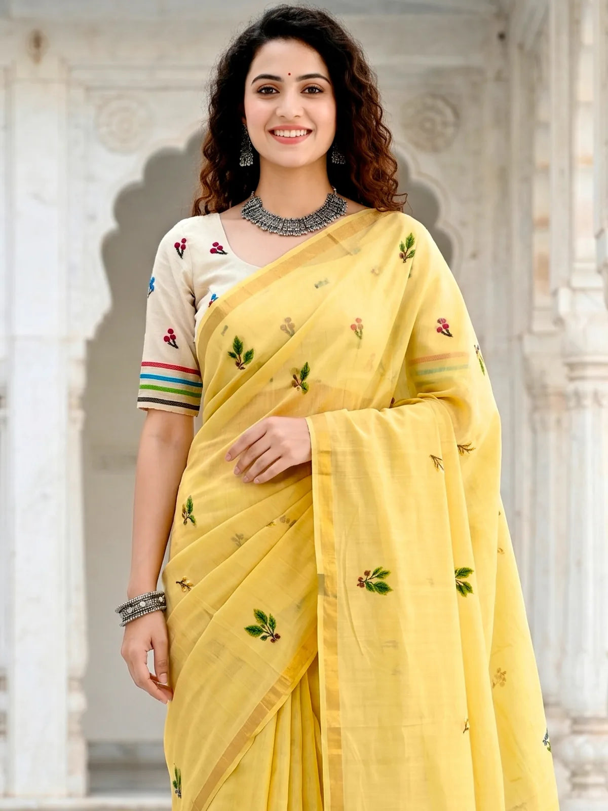 Tarani yellow cotton saree with woven floral work upper-body-view Ramya