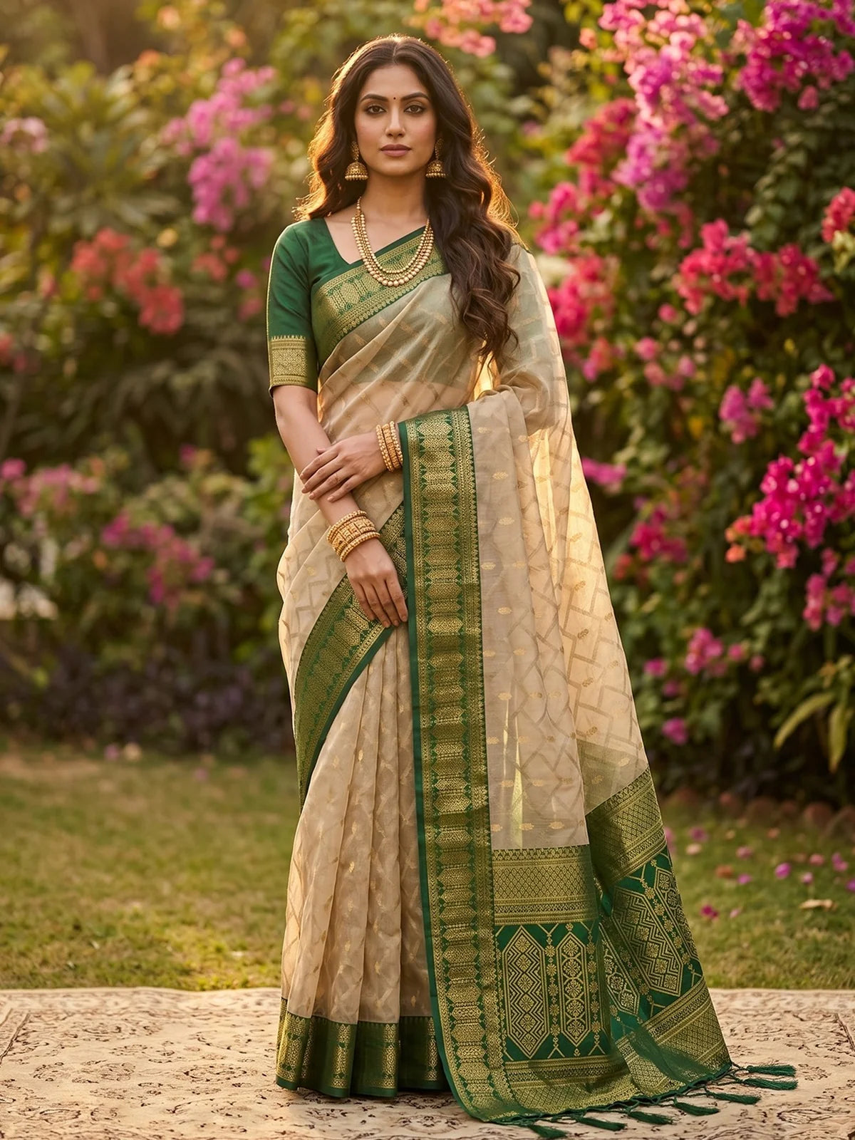Tarani beige and green cotton silk zari border saree front view for festive and ceremonial wear