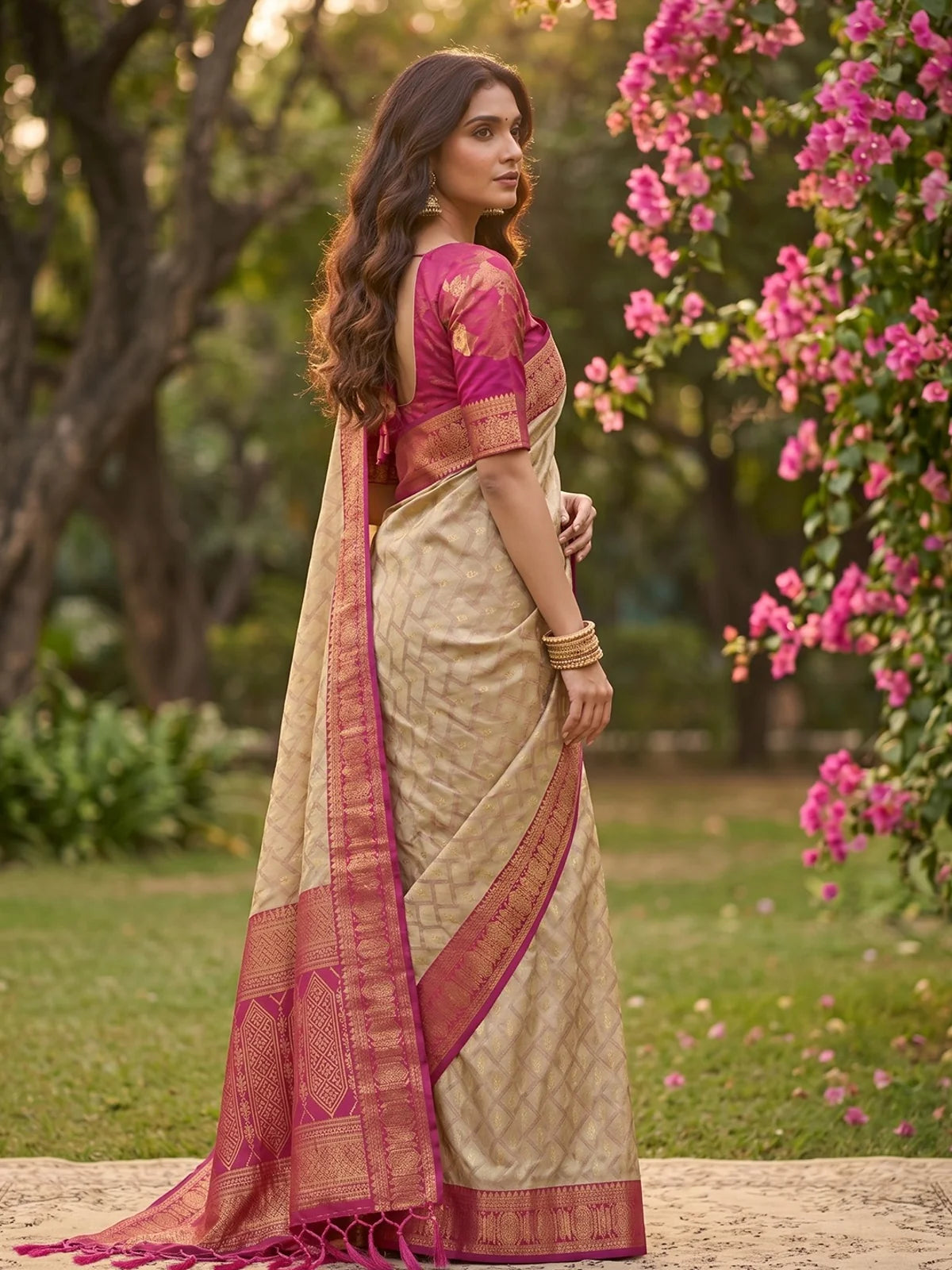 Tarani beige and pink cotton silk saree side view with elegant zari pallu and traditional drape
