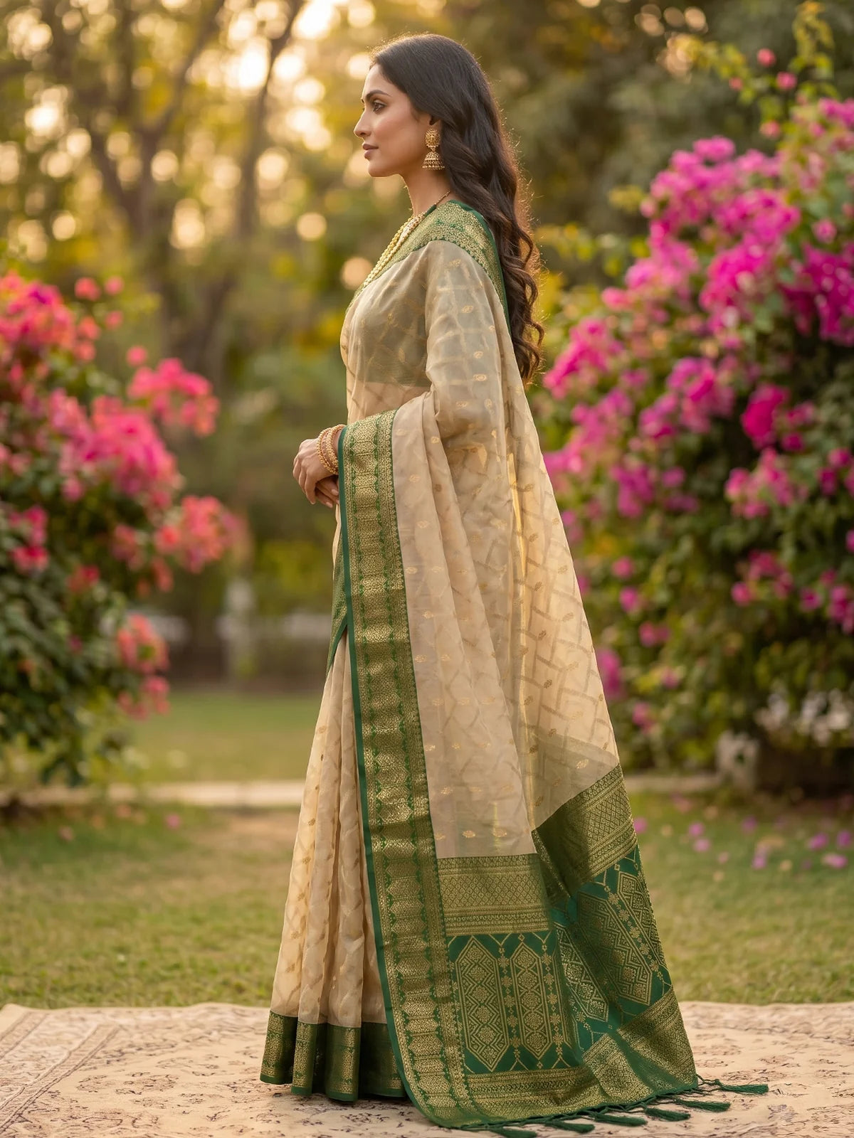 Tarani beige and green cotton silk zari border saree side view with elegant traditional drape