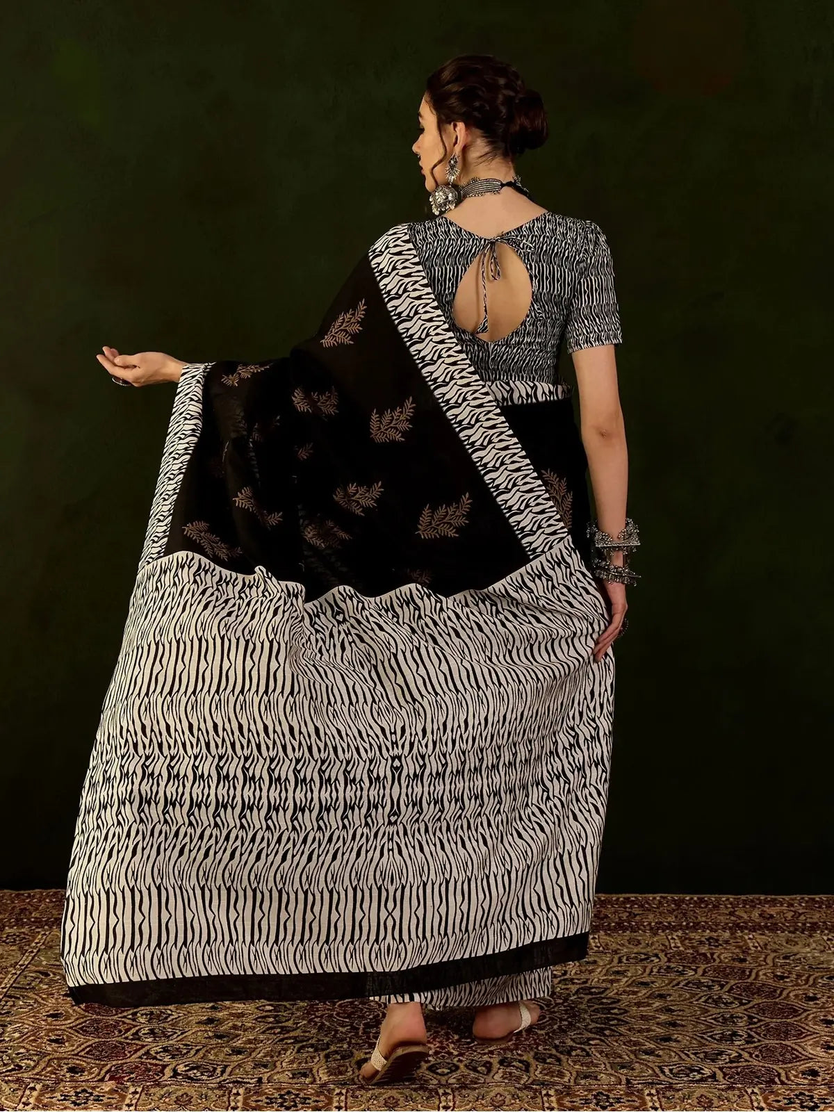 Tarani black cotton silk saree back view highlighting detailed pallu design