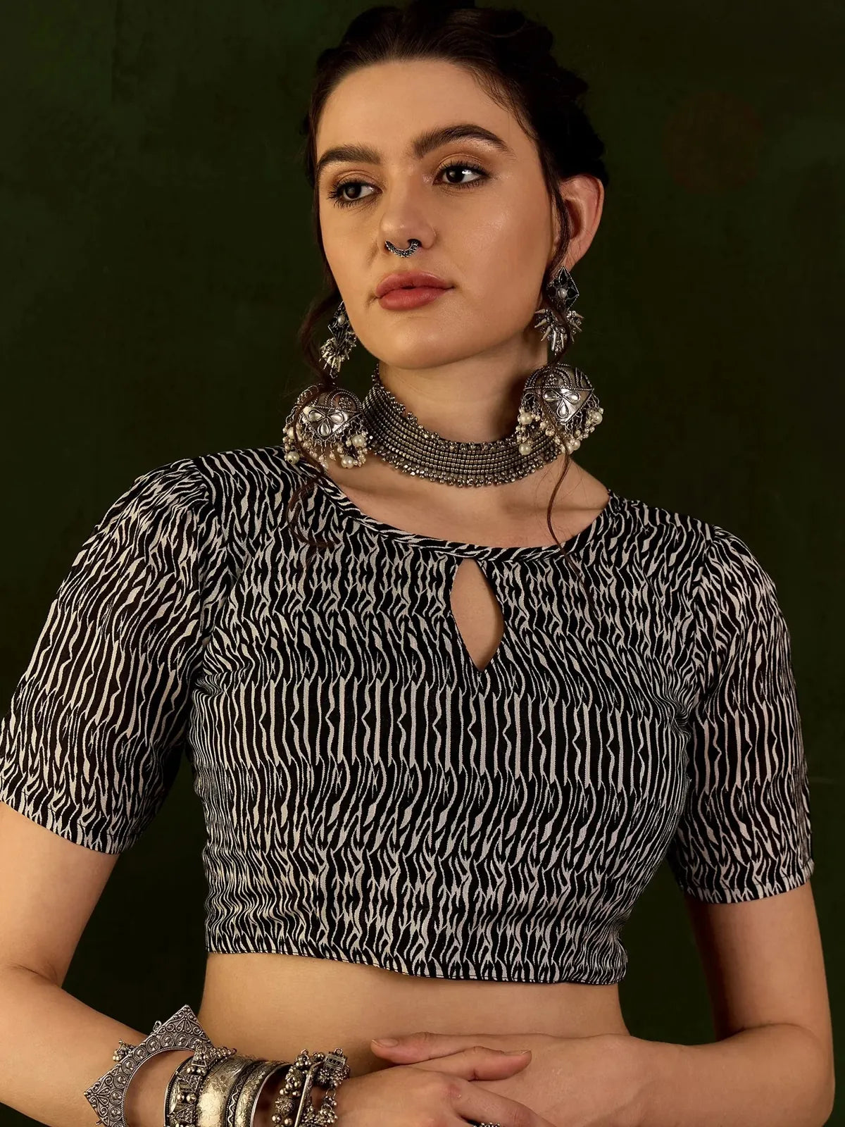 Tarani black cotton silk saree blouse close-up view with running blouse design