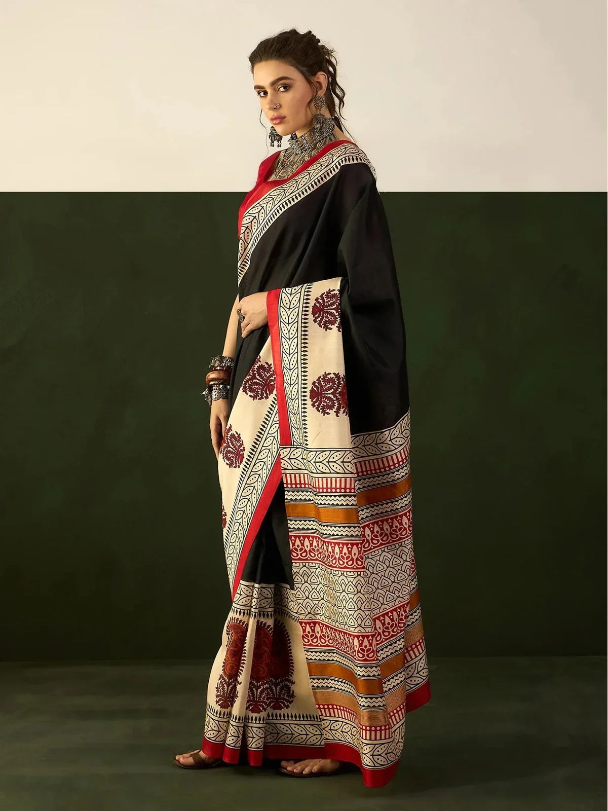 Tarani premium black cotton silk saree full view with ethnic print and red border