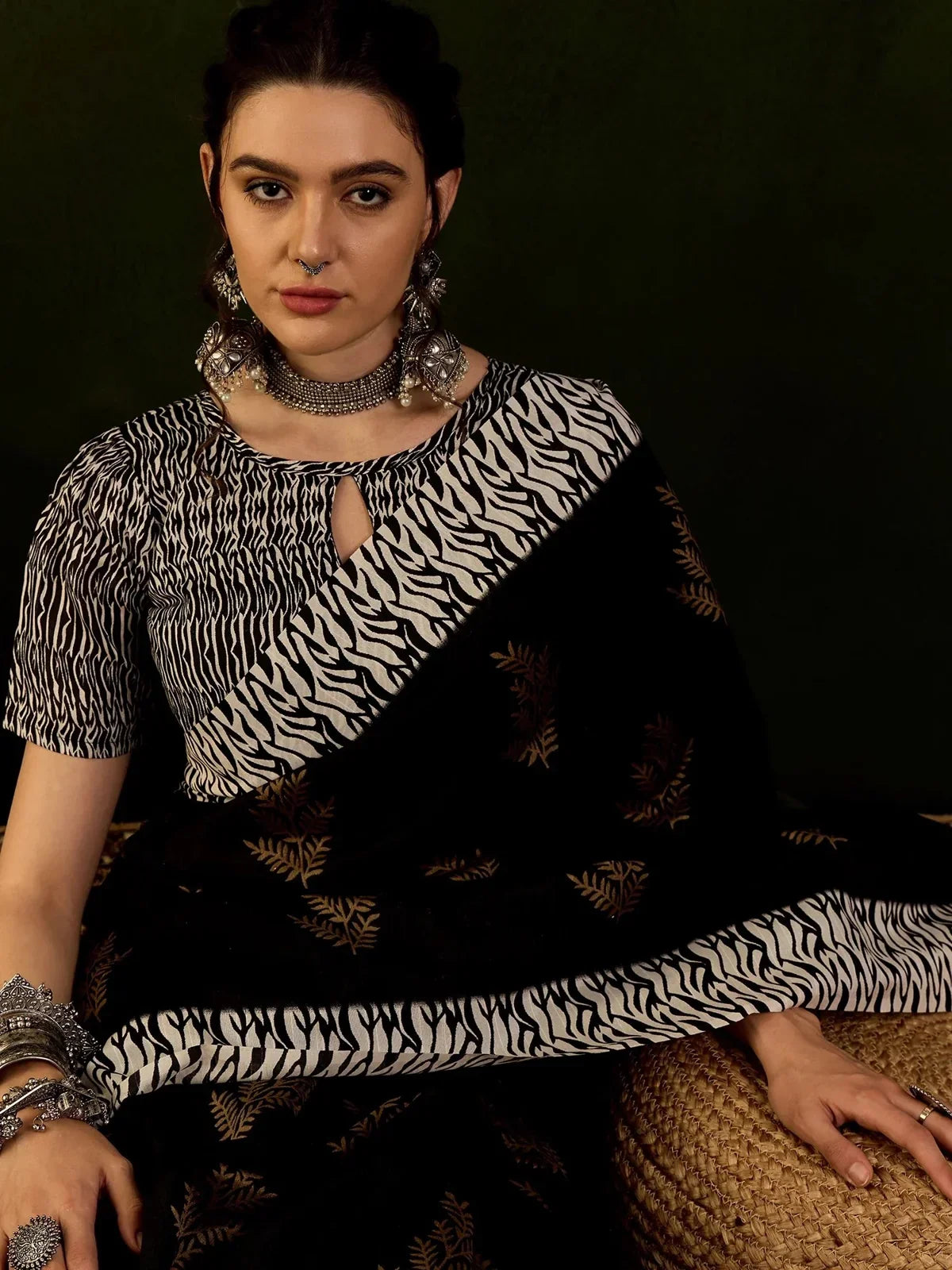 Tarani black cotton silk saree upper body view showing intricate pattern and style