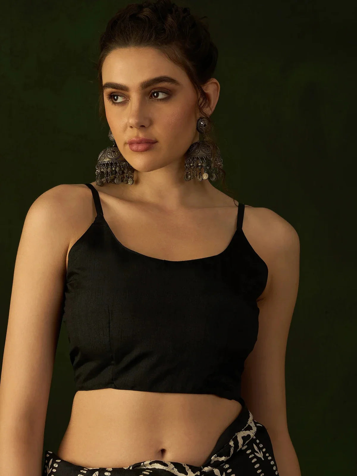 Tarani black cotton silk saree upper body blouse view with elegant detailing